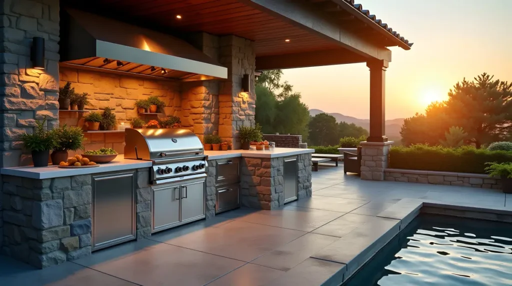 An Ed Neir Construction exterior kitchen and patio constructed poolside to support homeowner who favors outdoor entertaining
