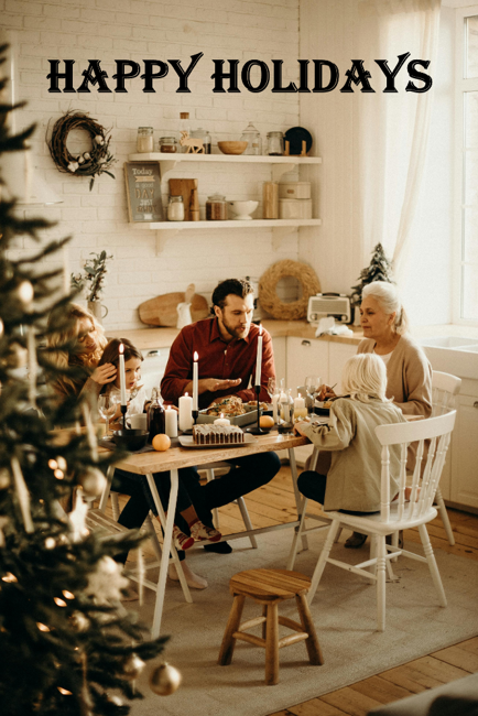 HappyHolidays familyAroundTableTreeOnLeft