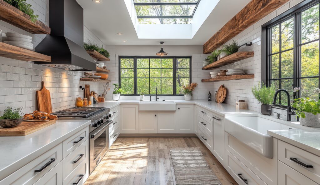 An Ed Neir Construction remodeled organic modern kitchen with natural soapstone countertops, warm wood floor and open shelves