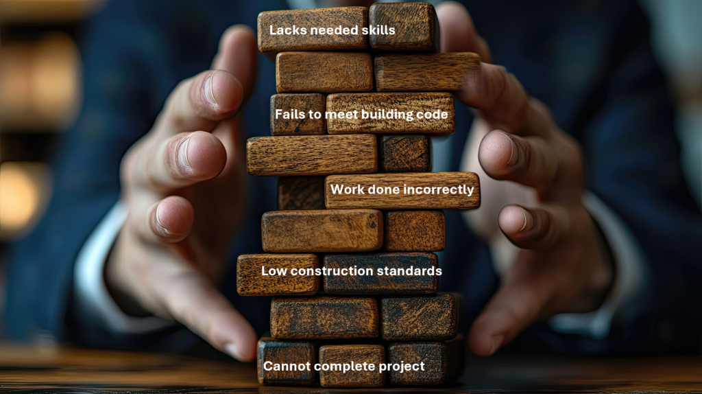  Blocks with hands around them list the risks of working with an imposter, instead of Ed Neir, a licensed general contractor.