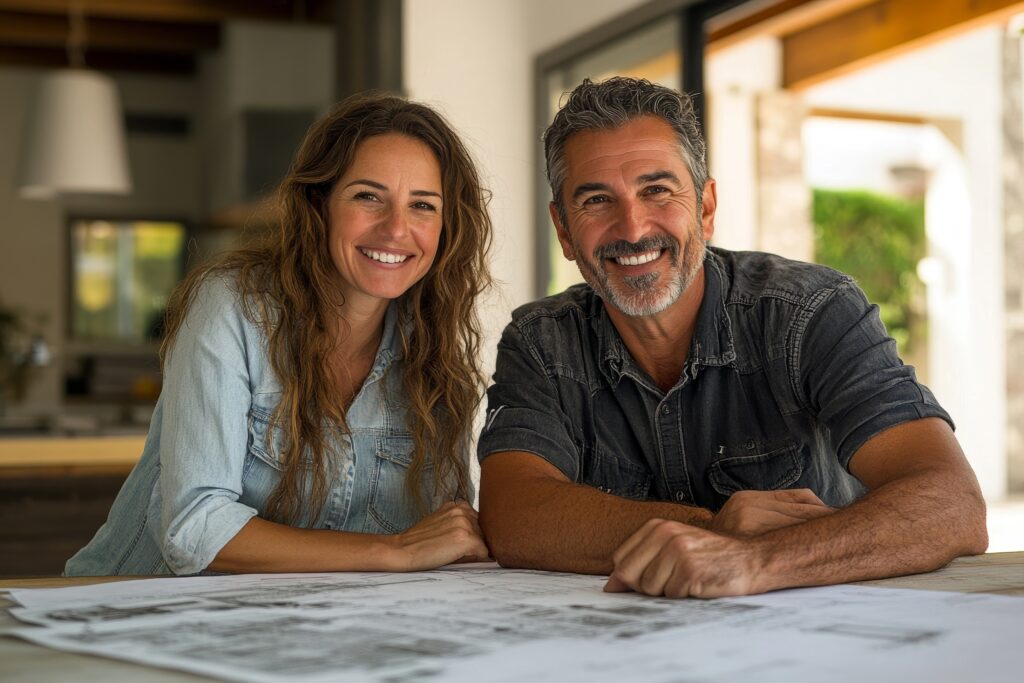 In-process modern kitchen remodel with Ed Neir Construction Team member and homeowners meeting to discuss cabinet details.