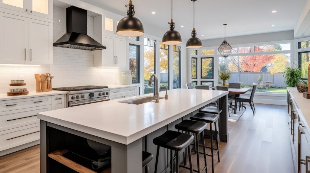 Remodeled and enlarged kitchen with island for casual dining, white shaker cabinets, and hardwood floors by Ed Neir Construction.