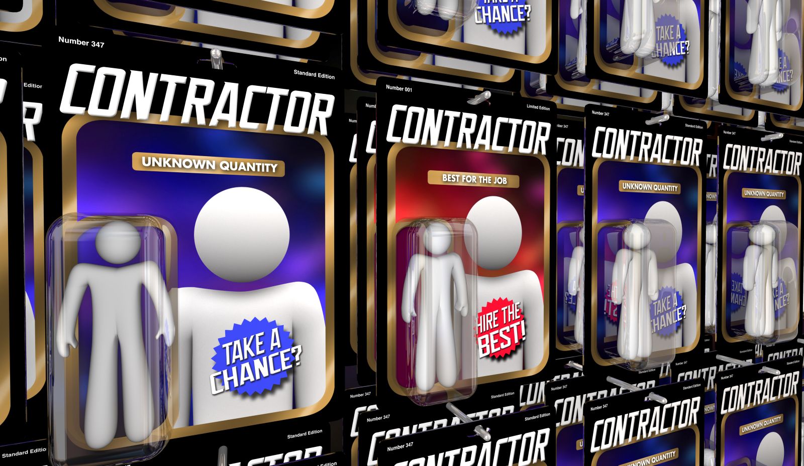 Blister packs of solid white figures titled contractor with unknown quantity/take a chance to choose from and 1 that is best for the job.