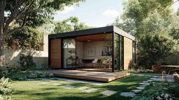 Ed Neir Construction builds custom backyard ADUs as home offices, rentals or to house loved ones - this model has a flat roof, sliding glass entrance with a deck.