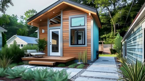 Ed Neir Construction builds custom ADUs - this attractive detached, side yard model has a pitched roof, high ceiling, lots of windows + a small deck for sunning.