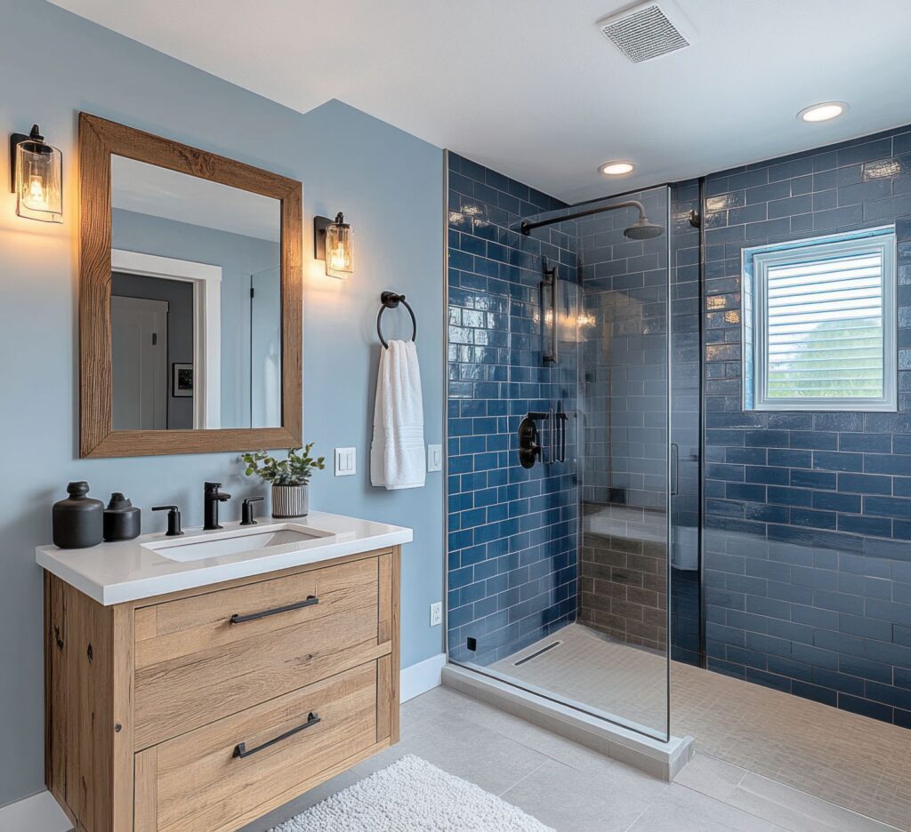 Ed Neir Construction helps boost home value with high ROI bathroom upgrades like this frameless glass shower, floating vanity, white quartz countertop, and matte black fixtures.