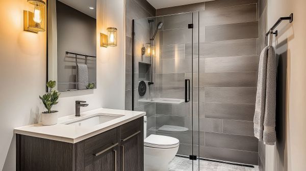 Ed Neir Construction helps boost home value with strategic bathroom remodels like this frameless glass shower, dark wood vanity, white quartz countertop, and matte black fixtures.