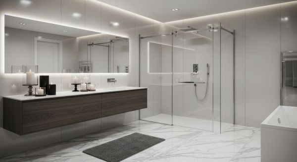 Rely on Ed Neir Construction to remodel your bathroom - choose a wet room with walnut floating vanity, illuminated mirror, task lighting, and walk-in shower.