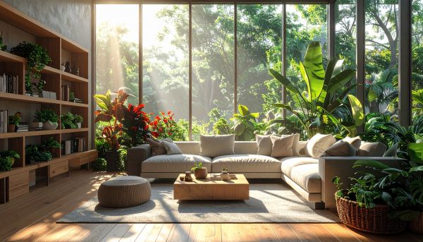 Ed Neir Construction knows biophilic design - a sunlit living room with lush green plants, modern furniture, organic shapes.