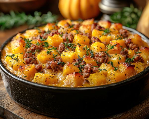 Neir Kitchen Recipes - a breakfast casserole made of butternut squash and turkey sausage with herbs and cheese.