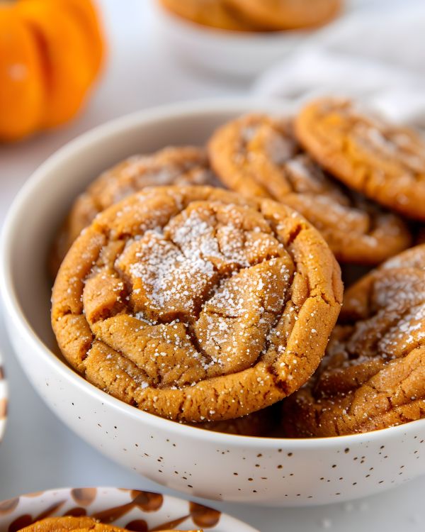 Neir Family Kitchen Recipe - Chewy Maple and Brown Butter Pumpkin Cookies in white bowl with pumpkins in background