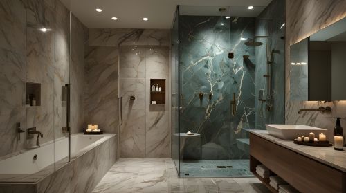 Ed Neir Construction remodels spa-like bathrooms for aging in place - bathroom with a steam shower, integrated marble bench seating, and built-in speakers for a relaxing ambiance.