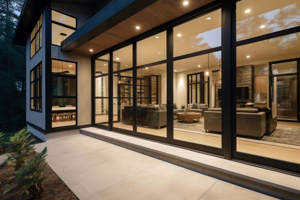 Ed Neir Construction helps homeowners remodel for greater energy efficiency - like these modern black slim frame aluminum windows and large glass sliding doors.