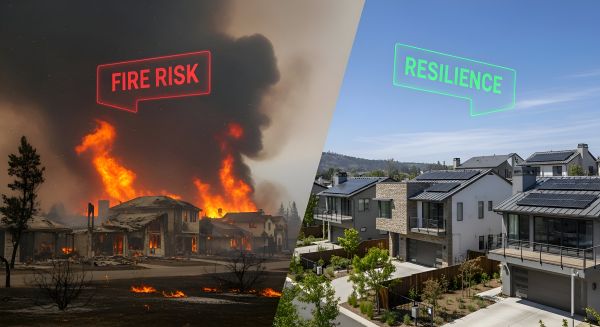 Ed Neir Construction helps homeowners reduce wildfire risk and increase resilience - this dramatic contrast shows wildfire destruction versus resilient homes.
