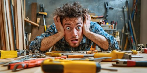 Stressed out homeowner stares at construction tools/materials + more all around him, not knowing how to do the work himself.
