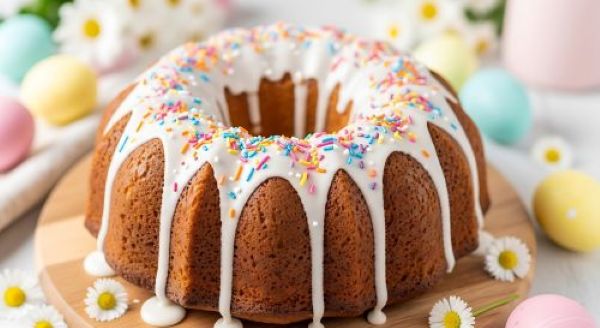 The Neir Kitchen Recipes - Incredible Italian Easter Cake with glaze and colored sprinkles on wooden serving tray with Easter eggs and flowers all around.
