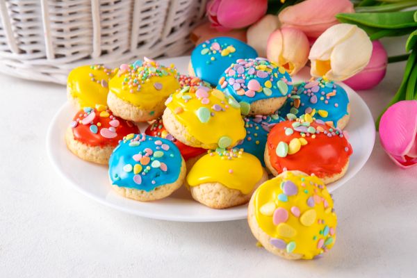 The Neir Kitchen - Italian Easter cookies with sugar glaze + sprinkles, on white plate with table background and Easter holiday basket + tulip flower bouquet.