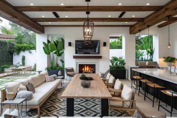 Ed Neir Construction can build you a luxurious outdoor kitchen like this: grilling area, outdoor bar for stools, covered dining area, fireplace, layered lighting, and more.