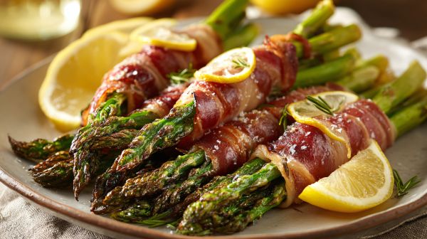 Neir Kitchen Recipe -  Cheesy Prosciutto Wrapped Asparagus on a plate with lemon wedges.