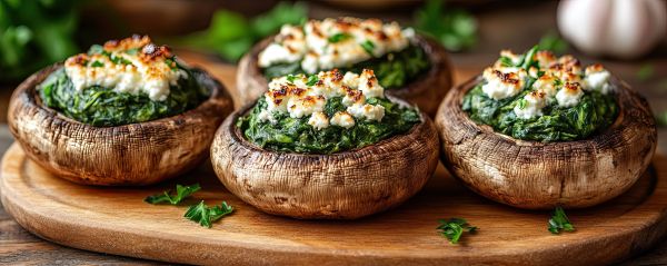 a Neir Kitchen Recipe - Stuffed portobellow mushrooms with spinach, herbs, and cheese on a wooden serving tray
