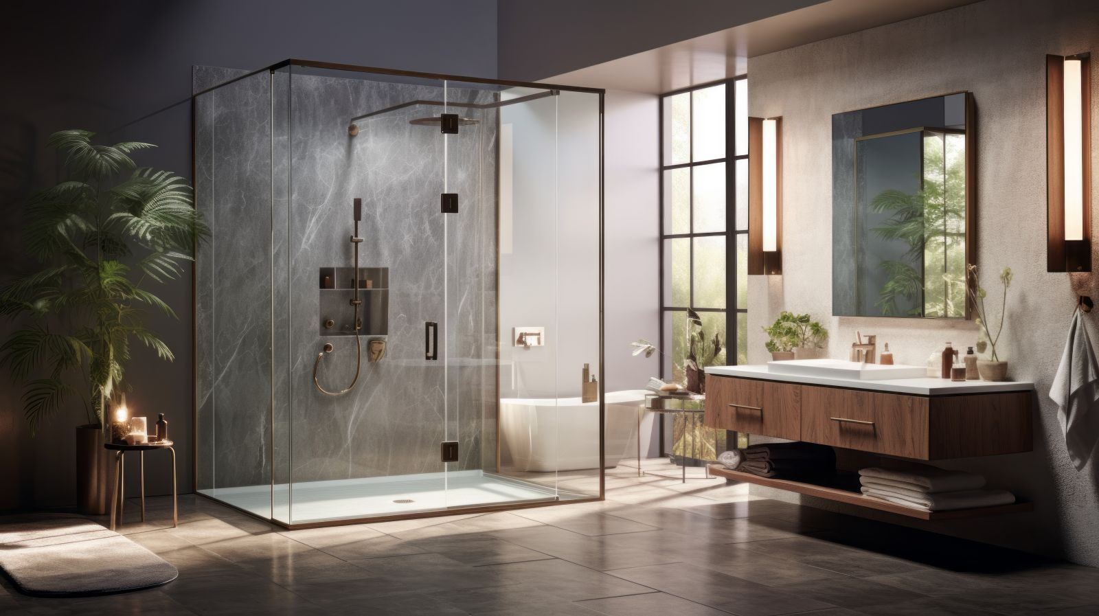 Ed Neir Construction remodels bathrooms: choose high ROI spa-like walk-in shower, floating vanity, ambient lighting, smart mirror, free standing tub + radiant heat under tile.