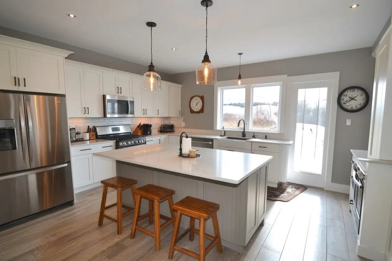 Ed Neir Construction offers $50K kitchen remodels with refaced cabinets, Vinyl Plank flooring, mid-range appliances, an island with seating, and neutral colors for a fresh look.