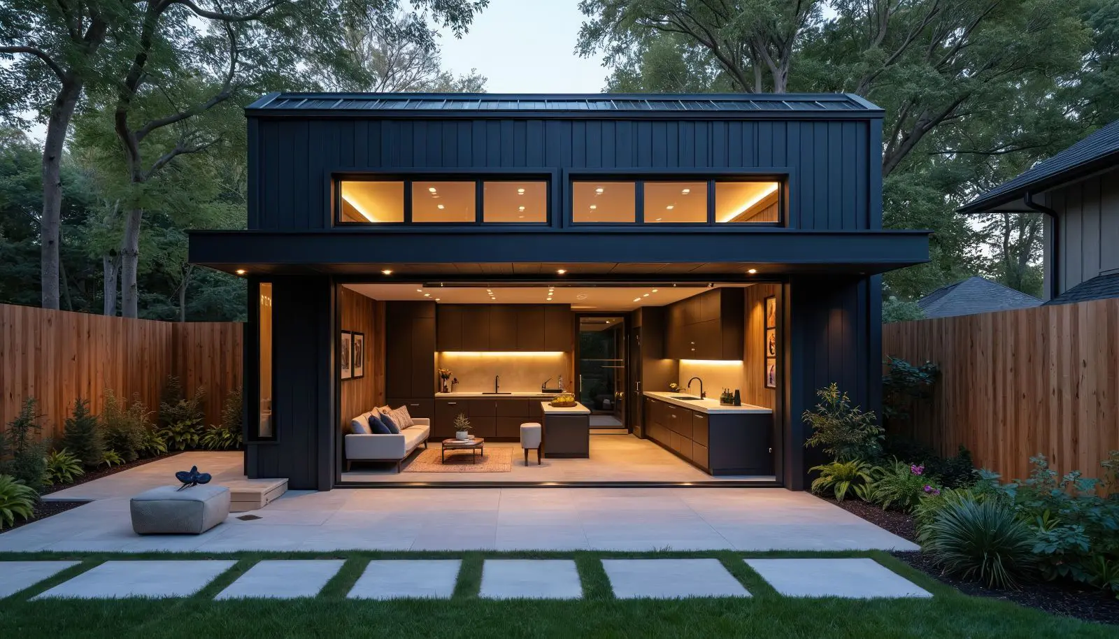Ed Neir Construction provides expert guidance to homeowners considering an ADU conversion - this converted garage offers high ceilings, lots of natural light + outdoor living.