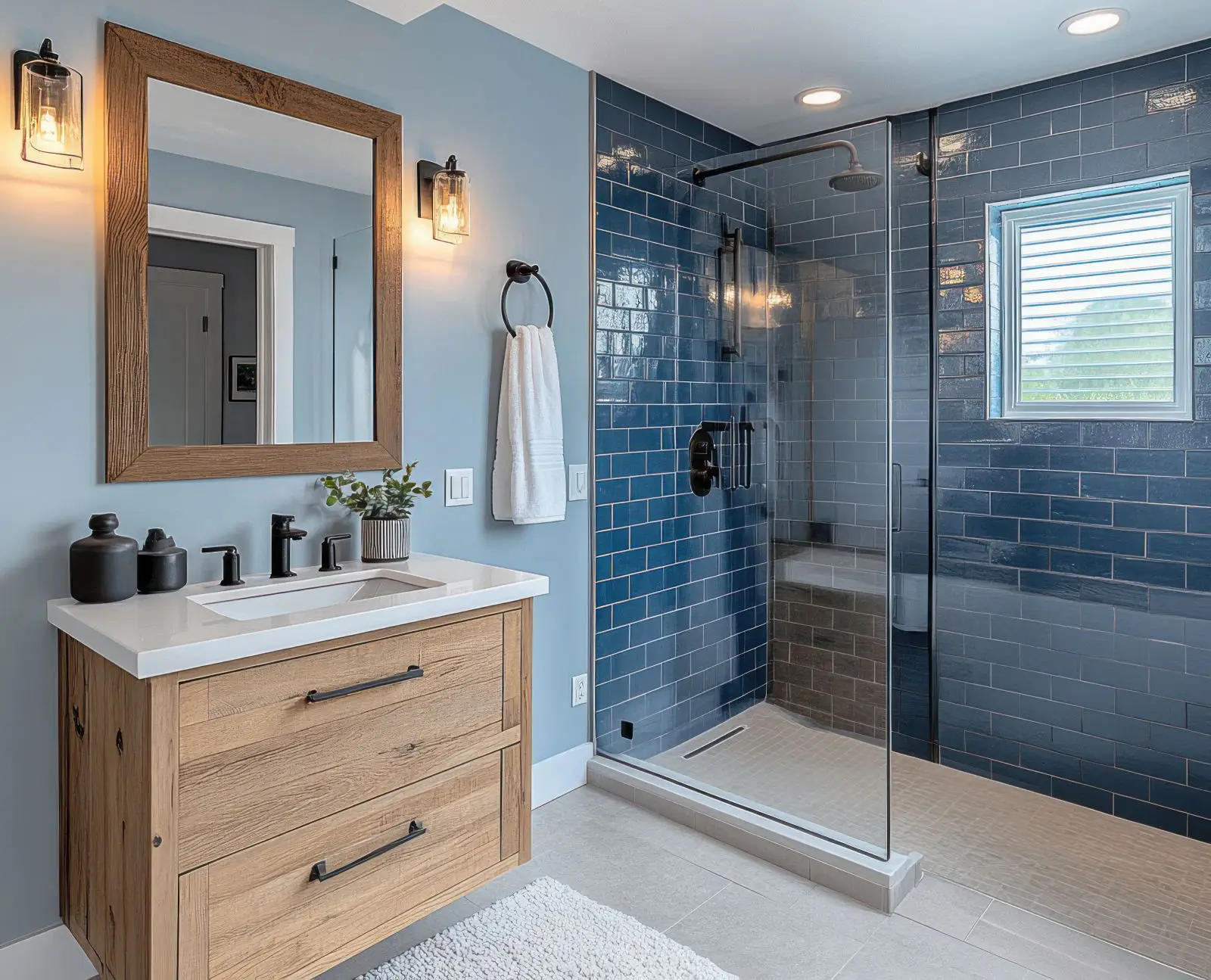 Ed Neir Construction helps boost home value with high ROI bathroom upgrades like this frameless glass shower, floating vanity, white quartz countertop, and matte black fixtures.