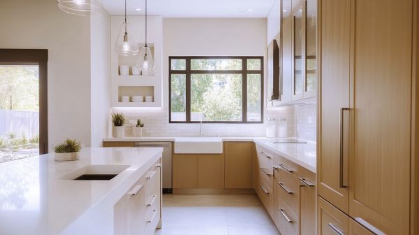 Ed Neir Construction maximizes ROI and property value with high-impact cosmetic upgrades - refaced cabinets, quartz countertops, LVT flooring in white kitchen.