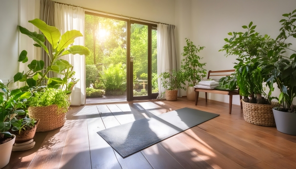 Ed Neir Construction provides beautiful, whole-house flooring options as with this plant-filled yoga room leading outdoors.