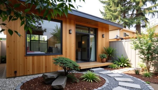 Ed Neir Construction does garage conversion ADUs - beautiful stone walkway leads to ADU front door with ample natural light.