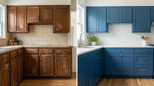 Ed Neir Construction focuses on high-impact ROI-driven kitchen updates: before & after kitchen kept the footprint but added new cabinets, tile backsplash + countertop in white.
