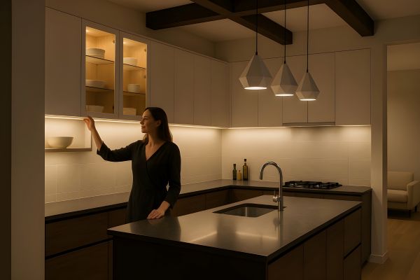 Ed Neir Construction builds age in place garage conversion ADUs - kitchen features layered LED lighting in + under cabinets.