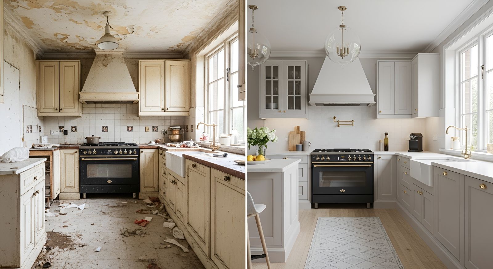 Ed Neir Construction maximizes your home’s current living comfort + protects future resale value: before & after kitchen upgrade to resolve water damage + add function/beauty.