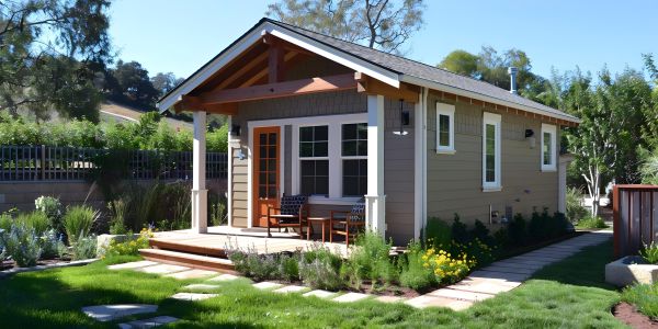 Ed Neir Construction builds property value-boosting ADUs: detached backyard pitched roof ADU with front porch and orange door.