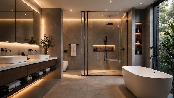 Ed Neir Construction offers elegant zero-threshold walk-in showers: luxurious bathroom with smart tech mirror, lighting, walk-in shower + freestanding tub.