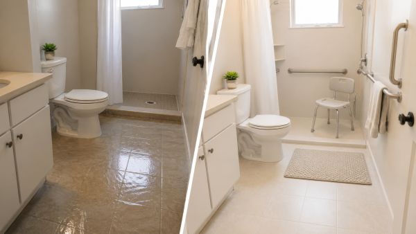 Ed Neir Construction delivers accessible upgrades to homeowners: slippery bathroom floor before vs after with non-slip flooring and accessible modern shower.