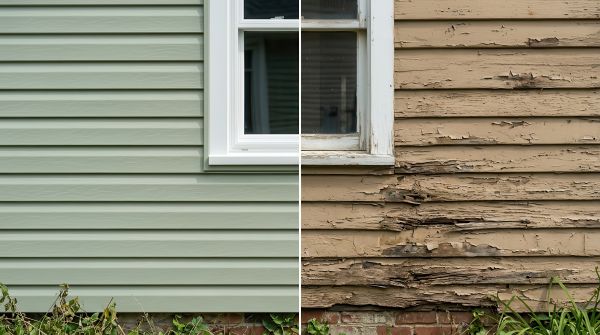 Ed Neir Construction does preventative property maintenance: exterior repair shows vast difference before and after wall and window repairs and replacement.