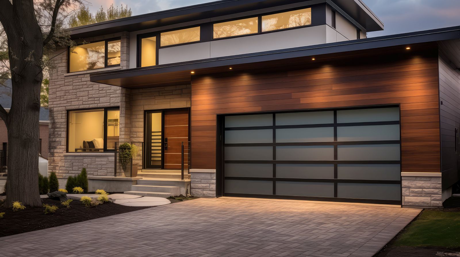 Ed Neir Construction offers high-ROI projects: home with steel garage door, manufactured stone veneer, fiber-cement siding, fiberglass front door + low-e dark architectural windows.