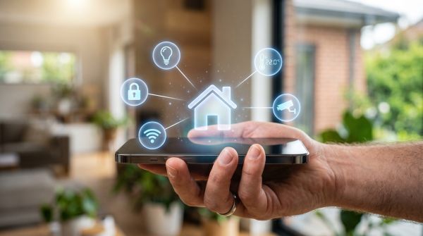 Ed Neir Construction offers smart home integration for aging in place: man holds a smart phone that controls his home’s lighting, HVAC system, cameras, security, and more.