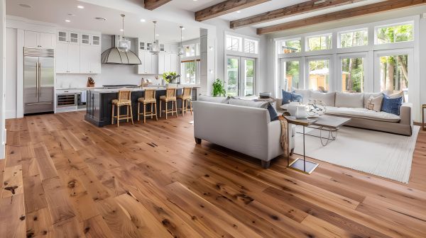 Ed Neir Construction offers whole house flooring: engineered wood flooring throughout home from white cabinet kitchen with island out to family room with wood beam ceiling.
