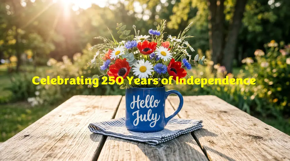 Ed Neir Construction July25 Newsletter Celebrates 250 years of independence - “Hello July” coffee of flowers on picnic table