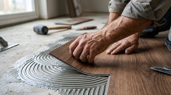 Ed Neir Construction offers luxury vinyl plank flooring - contractor installing LVP flooring in home over underlayment.
