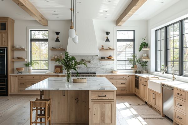 Ed Neir Construction offers high-ROI minor & mid-range kitchen upgrades - warm minimalist kitchen with wood cabinets, island + pendant lighting