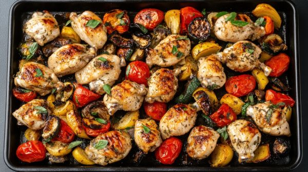 Ed Neir Kitchen Recipe: Sheet pan chicken and summer veggies with peppers, yellow squash, mushrooms, onions, and spices.