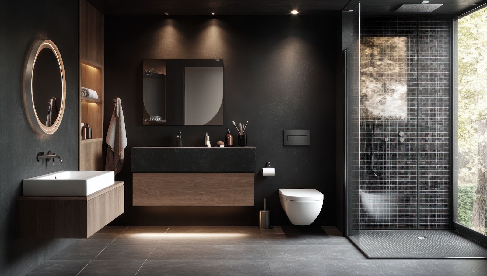 Ed Neir Construction provides aging-in-place bathroom solutions. Comfort-height toilet in modern bathroom with glass-enclosed shower.