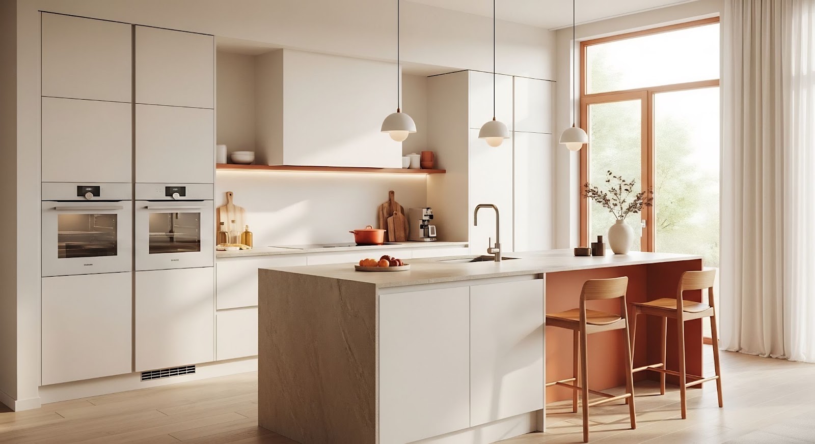 Warm Minimalist Kitchen Upgrades For NorCal that Deliver High ROI Plus Home Office Functionality 3 Ed Neir Construction provides warm minimalist kitchen remodels: Island with modern minimalist white cabinets & wood stools.