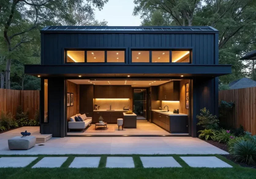 Ed Neir Construction provides expert guidance to homeowners considering an ADU conversion - this converted garage offers high ceilings, lots of natural light + outdoor living.