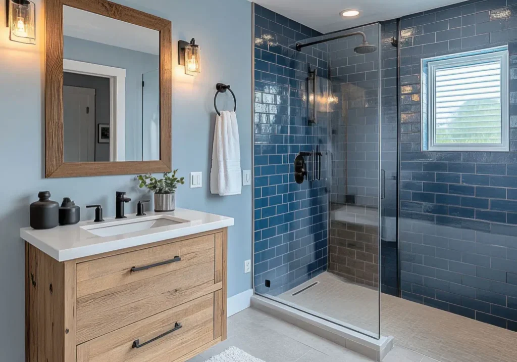 Ed Neir Construction helps boost home value with high ROI bathroom upgrades like this frameless glass shower, floating vanity, white quartz countertop, and matte black fixtures.