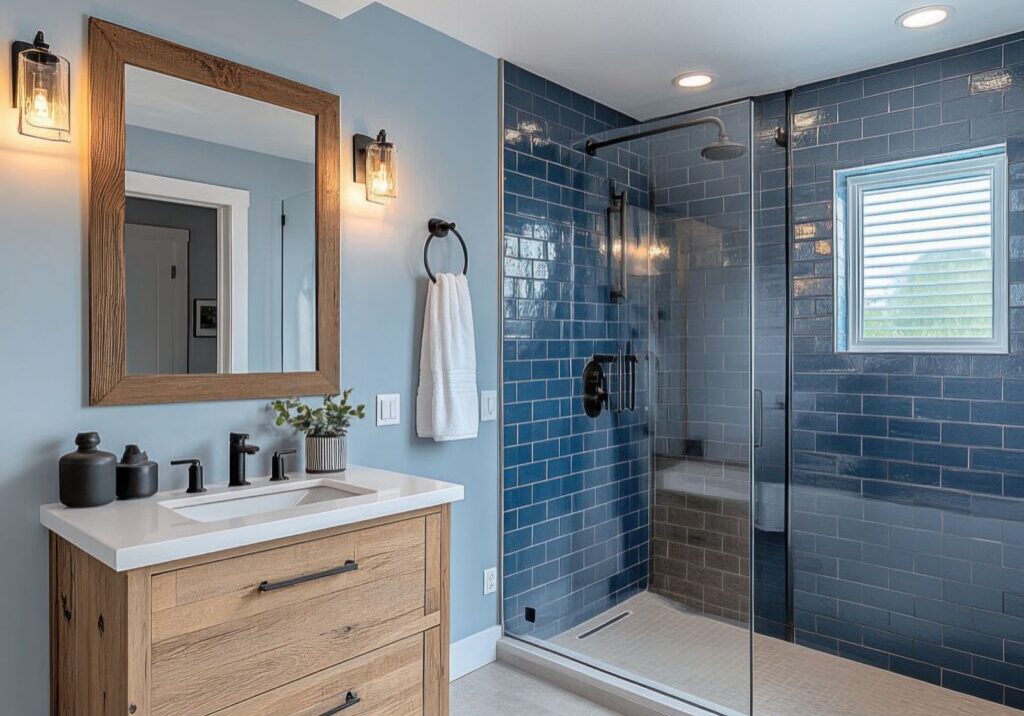 Bathroom BlueTileFloatingVanityWhiteQuartzCountertopMatteBlackFixtures 1024x936 landscape 5e966a456bda0b01e0231e7b47a903de